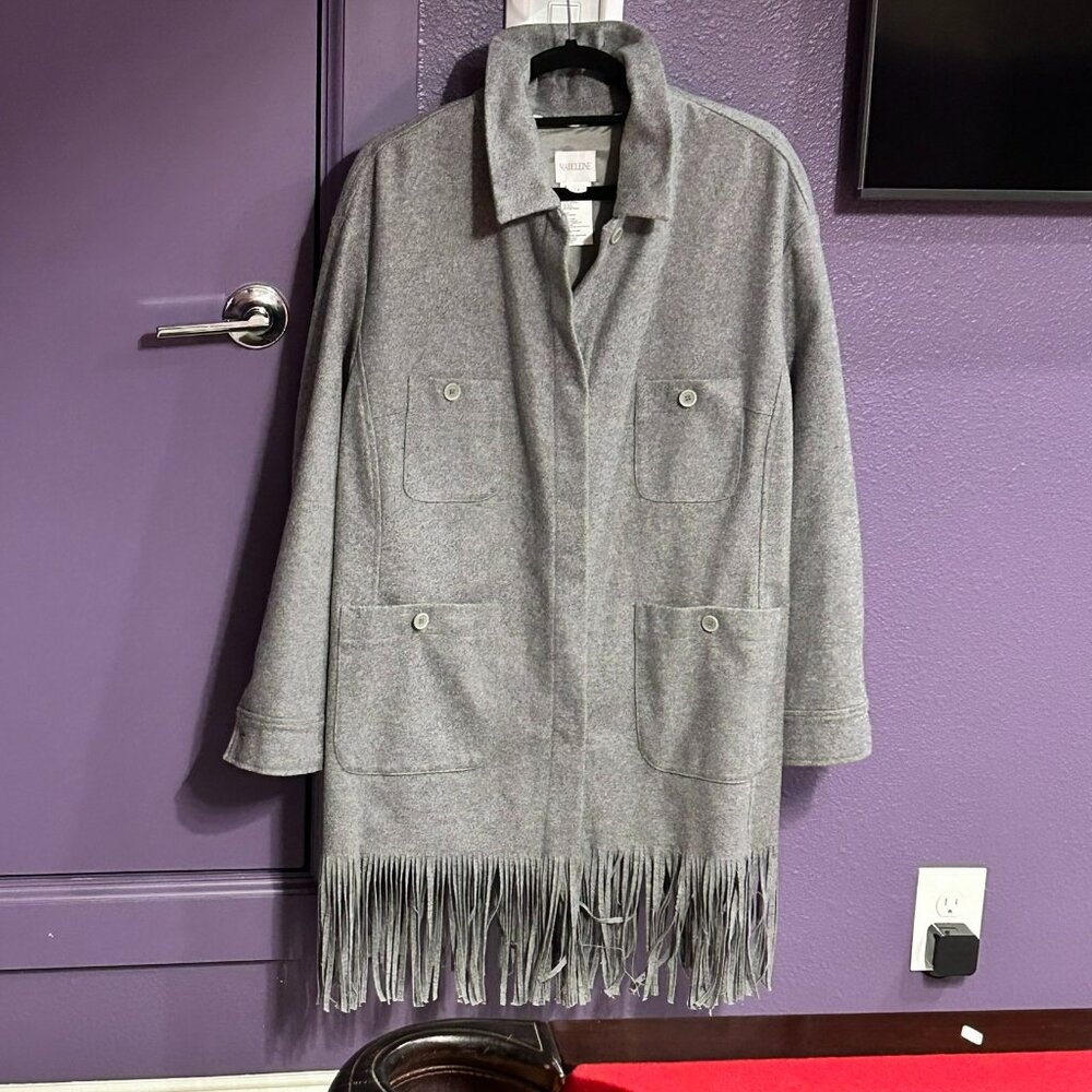 Madeleine Gray Wool Blend Fringe Coat – Size 14
